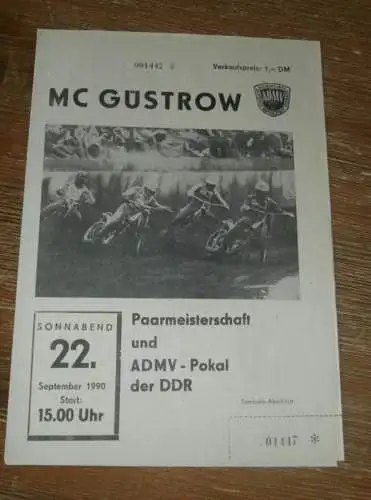 Speedway Güstrow 22.09.1990 , DDR Paarmeisterschaft + ADMV Pokal , Programmheft , Programm , Rennprogramm !!!