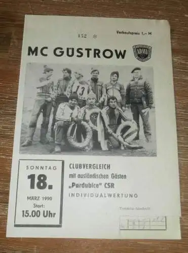 Speedway Güstrow 18.03.1990 , Pardubice , Programmheft , Programm , Rennprogramm !!!