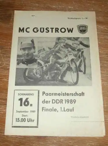 Speedway Güstrow 16.09.1989 , Finale DDR-Meisterschaft , Programmheft , Programm , Rennprogramm !!!