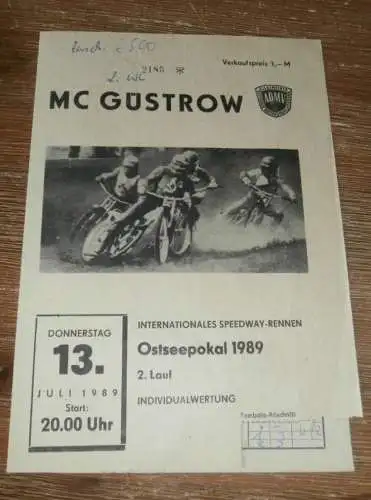 Speedway Güstrow 13.07.1989 , Ostseepokal , Programmheft , Programm , Rennprogramm !!!