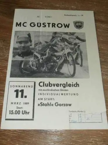 Speedway Güstrow 11.03.1989  , Stahl Gorzow  , Programmheft , Programm , Rennprogramm !!!