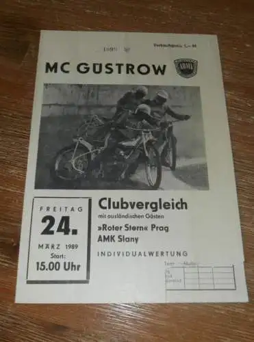 Speedway Güstrow 24.03.1989  , Prag , Slany , Programmheft , Programm , Rennprogramm !!!