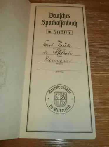 altes Sparbuch Bitterfeld , 1940 - 1944 , Karl Pauli in Ramsin b. Sandersdorf-Brehna , Sparkasse , Bank !!