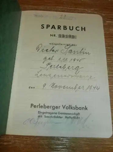 altes Sparbuch Perleberg , 1944 - 1947 , Dieter Santin in Perleberg  , Sparkasse , Bank !!