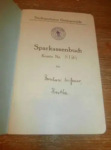 altes Sparbuch Geringswalde , 1938 , Bernhard Meißner in Hartha , Sparkasse , Bank !!