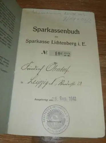 altes Sparbuch Leipzig , 1941 - 1944 , Friedrich Ohndorf in Leipzig  , Sparkasse , Bank !!