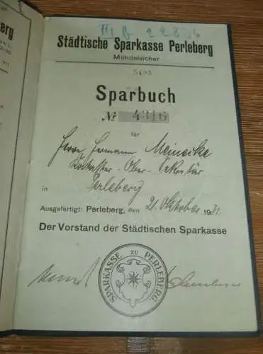 altes Sparbuch Perleberg , 1931 - 1946 , Hermann Meinecke in Perleberg , Sparkasse , Bank !!