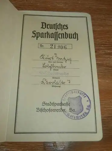 altes Sparbuch Bischofswerda , 1941 - 1944 , Buchbinder Kurt Metzig in Bischofswerda , Sparkasse , Bank !!