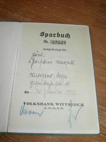 altes Sparbuch Wittstock , 1943 - 1944 , Christin Hertell in Wittstock / Dosse , Sparkasse , Bank !!