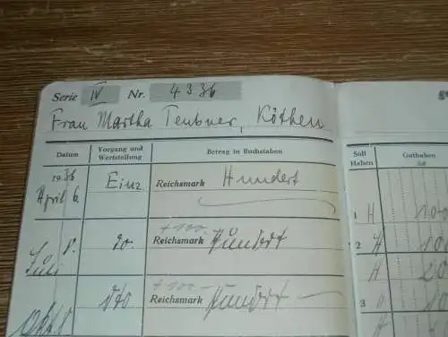 altes Sparbuch Köthen , 1936 - 1944 , Martha Teubner in Köthen , Sparkasse , Bank !!