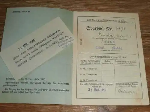 altes Sparbuch Erfurt , 1939 - April 1945 , Reinhold Edmund in Erfurt , Sparkasse , Bank !!