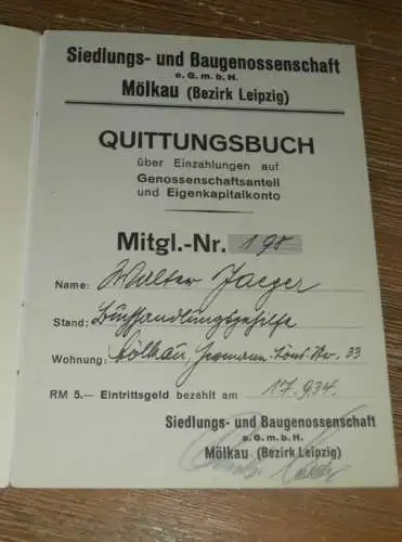 altes Sparbuch Wölkau , 1934 , Buchhändler Walter Jaeger in Mölkau b. Leipzig , Sparkasse , Bank !!