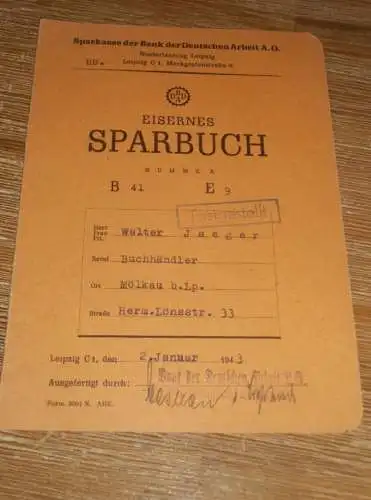 altes Sparbuch Wölkau , 1942 - 1944 , Buchhändler Walter Jaeger in Mölkau b. Leipzig , Sparkasse , Bank !!