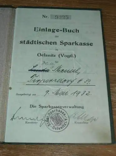 altes Sparbuch Oelsnitz , 1932 - 1945 , Willy Meinel in Tirpersdorf b. Oelsnitz , Sparkasse , Bank !!