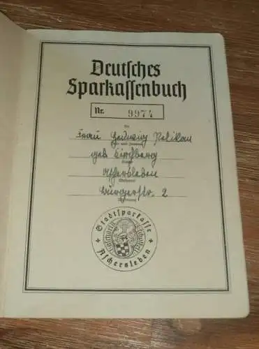 altes Sparbuch Aschersleben , 1941 - 1945 , Hedwig Pelikan in Aschersleben , Sparkasse , Bank !!