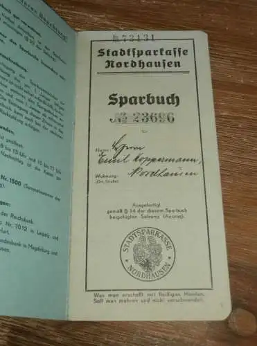 altes Sparbuch Nordhausen , 1937 - 1944 , Emil Koppermann in Nordhausen , Sparkasse , Bank !!