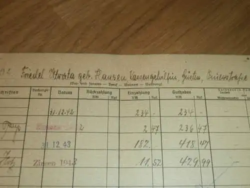 altes Sparbuch Güsten , 1942 - 1943 , Friedel Hansen in Güsten , Sparkasse , Bank !!