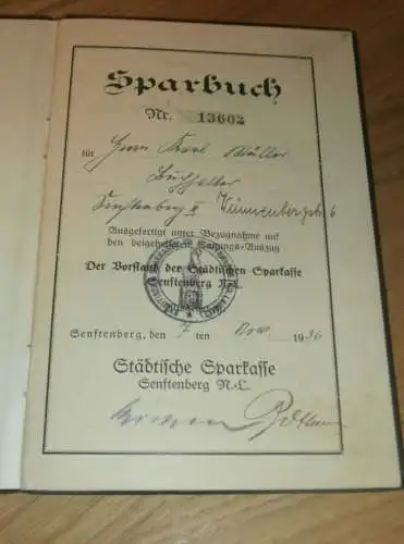 altes Sparbuch Senftenberg , 1936 - 1945 , Karl Müller in Senftenberg  , Sparkasse , Bank !!