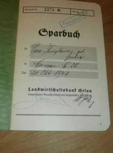 altes Sparbuch Erlau i. Sa., 1941 , Dora Junghanns geb. Gruhne in Erlau , Sparkasse , Bank !!