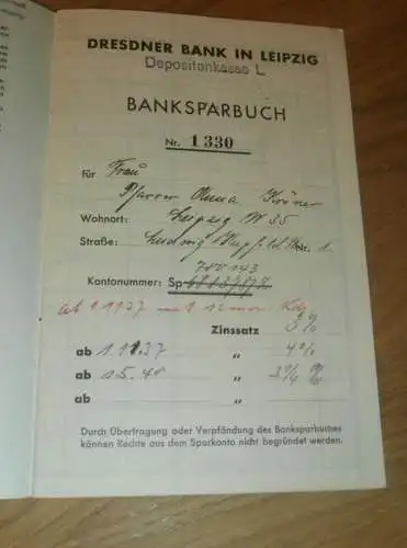 altes Sparbuch Leipzig , 1936 - 1945 , Pfarrer Anna Kröner geb. Wöhler in Leipzig , Sparkasse , Bank !!