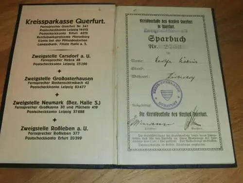 altes Sparbuch Querfurt , 1933 - 1946 , Martha Möbius in Körbisdorf , Sparkasse , Bank !!