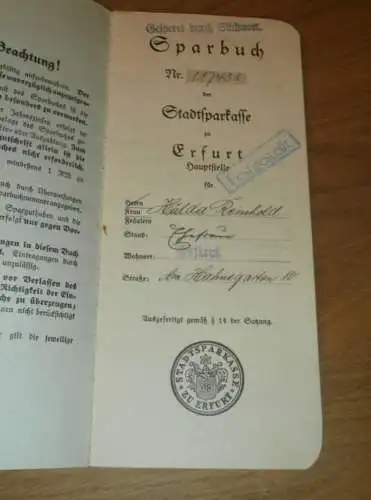 altes Sparbuch Erfurt , 1940 - 1946 , Hulda Reinhold in Erfurt , Sparkasse , Bank !!