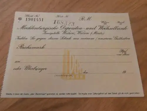 alter Scheck , Mecklenburgische Bank , Waren a. Müritz in Mecklenburg , ca. 1940 , Sparkasse , Bank !!!