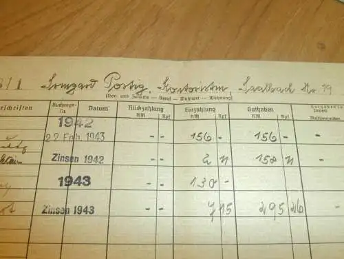 altes Sparbuch Irmgard Portig in Hartha , 1942 - 1943 , Sparkasse , Bank !!