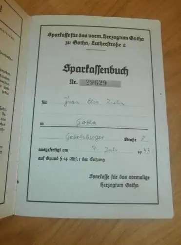 altes Sparbuch Gotha , 1943 - 1945 , Elsa Ziehn in Gotha , Sparkasse , Bank !!