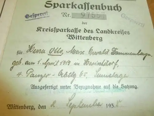 Sparbuch Wittenberg , 1938 - April 1945 , 4. Panzer Abteilung 65 , Sennelager , Otto Dammenhayn , Herichsdorf Sparkasse