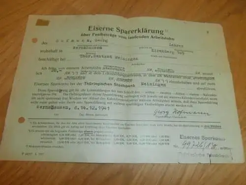 Eiserne Sparerklärung Meiningen , 1941 , Georg Hofmann in Wernshausen , Lehrer , Sparkasse , Bank !!