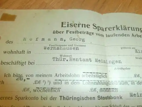 Eiserne Sparerklärung Meiningen , 1941 , Georg Hofmann in Wernshausen , Lehrer , Sparkasse , Bank !!