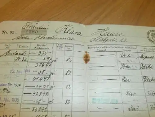 altes Sparbuch Berlin Oberschöneweide , 1933 - 1944 , Klara Haase in Berlin , Sparkasse , Bank !!!