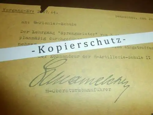 original Schreiben Benneschau / Benešov 1944 , SS-Pionier.Schule , Sprengmeister , Lehrgang !!!