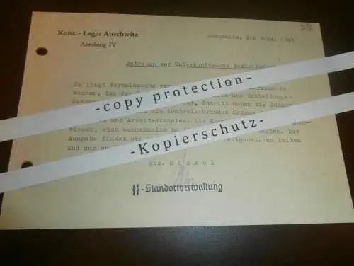 original Schreiben Auschwitz 1943 , Abteilung IV , Betreten der Unterkunft , Lagerführer , Schutzhaft !!!