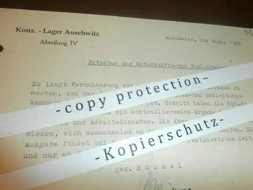 original Schreiben Auschwitz 1943 , Abteilung IV , Betreten der Unterkunft , Lagerführer , Schutzhaft !!!