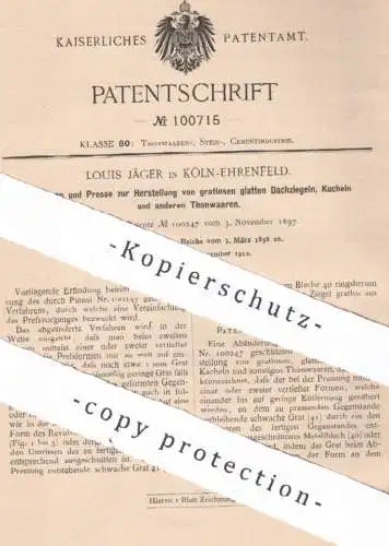 original Patent - Louis Jäger , Köln Ehrenfeld | 1898 | Dachziegel , Ziegel , Kachel , Fliese , Ton | Pressform , Presse