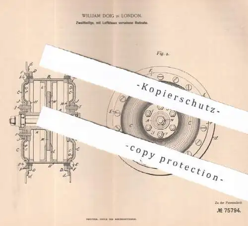 original Patent - William Doig , London , England , 1893 , Radnabe mit Luftkissen | Nabe , Rad , Räder , Wagenbau