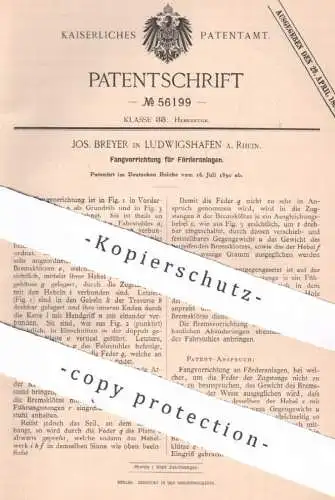 original Patent - Jos. Breyer , Ludwigshafen / Rhein , 1890 , Fangvorrichtung für Förderanlagen | Beförderung , Hebezeug