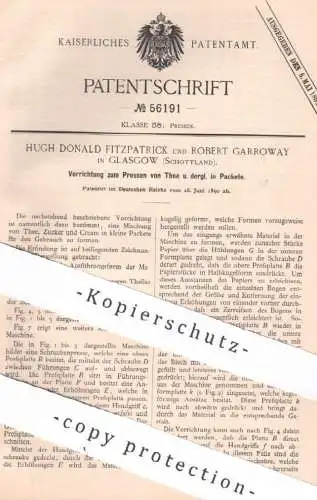 original Patent - Hugh Donald Fitzpatrick , Robert Garroway , Glasgow , Schottland | 1890 | Pressen von Tee | Presse !