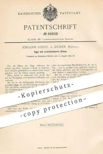 original Patent - Johann Lorig , Düren , 1892 , Egge mit zurückziehbaren Zinken | Eggen , Landwirtschaft , Gärtner !!