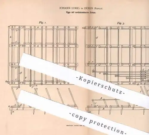 original Patent - Johann Lorig , Düren , 1892 , Egge mit zurückziehbaren Zinken | Eggen , Landwirtschaft , Gärtner !!