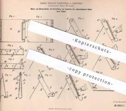 original Patent - Harry Pearce Clemetson , Ashford , Kent , England , 1892 , Notenständer | Ständer für Bücher | Pult !!