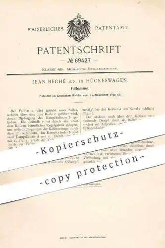 original Patent - Jean Bêché , Hückeswagen , 1892 , Fallhammer | Hammer , Fallbär , Metall , Schlosser !!!