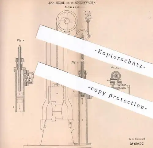 original Patent - Jean Bêché , Hückeswagen , 1892 , Fallhammer | Hammer , Fallbär , Metall , Schlosser !!!