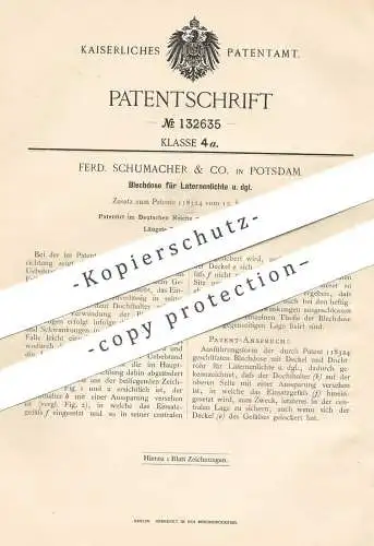 original Patent - Ferd. Schumacher & Co. , Potsdam , 1901 , Blechdose für Laternenlicht | Dose , Laterne , Licht , Lampe