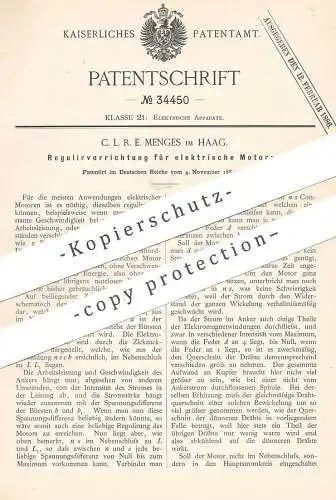 original Patent - C. L. R. E. Menges im Haag , 1884 , Regulierung für elektr. Motoren | Elektromotor | Motor , Eisenbahn