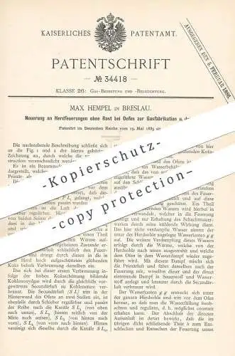 original Patent - Max Hempel , Breslau , Polen , 1885 , Herdfeuerung ohne Rost bei Ofen zur Gasfabrikation | Gas , Öfen