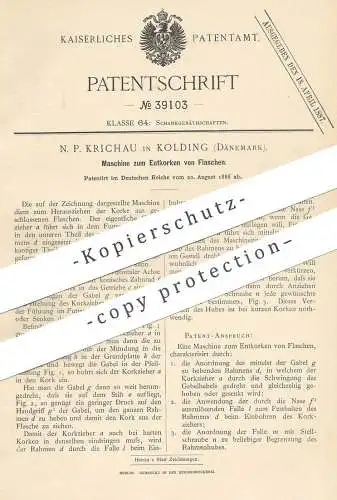 original Patent - N. P. Krichau , Kolding , Dänemark , 1886 , Entkorken von Flaschen | Kork , Korken , Korkenzieher !!