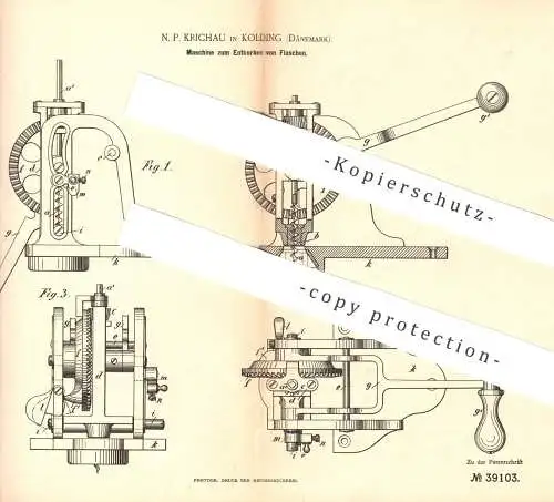 original Patent - N. P. Krichau , Kolding , Dänemark , 1886 , Entkorken von Flaschen | Kork , Korken , Korkenzieher !!